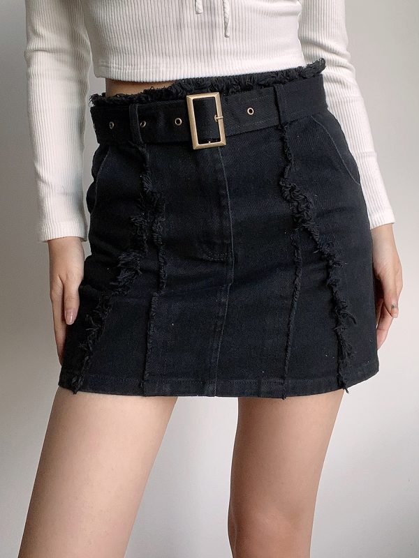High-Waisted Vintage Frayed Denim Skirt with Pockets - Sexy A-Line Mini Skirt for Y2K and European Style Fashion
