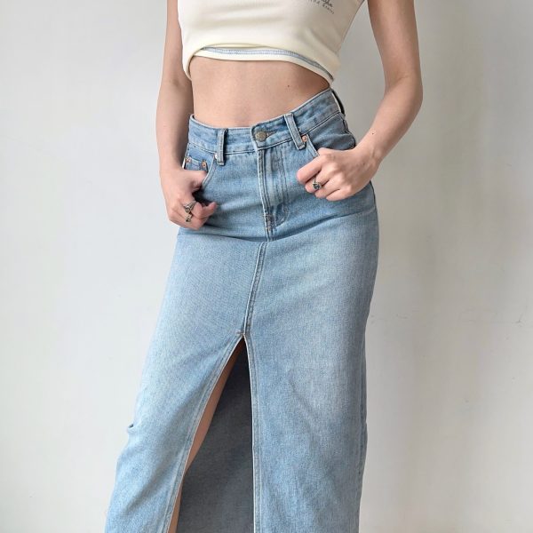 High-Waisted Water-Washed Denim Split Skirt for Women - Mid-Length Slimming Fitted Pencil Skirt in European & American Style