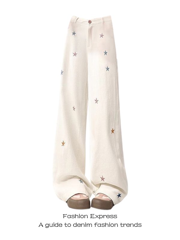 High-Waisted White Star Embroidered Denim Pants for Women, Loose Straight Wide-Leg Trousers, Autumn Winter Fashion