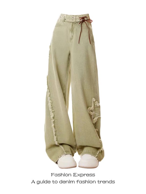 High-Waisted Wide-Leg Green Jeans for Women, American Retro Style, Loose-Fitting, Slimming, Trendy Spring 2025 Design