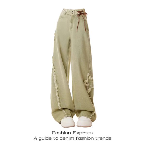 High-Waisted Wide-Leg Green Jeans for Women, American Retro Style, Loose-Fitting, Slimming, Trendy Spring 2025 Design