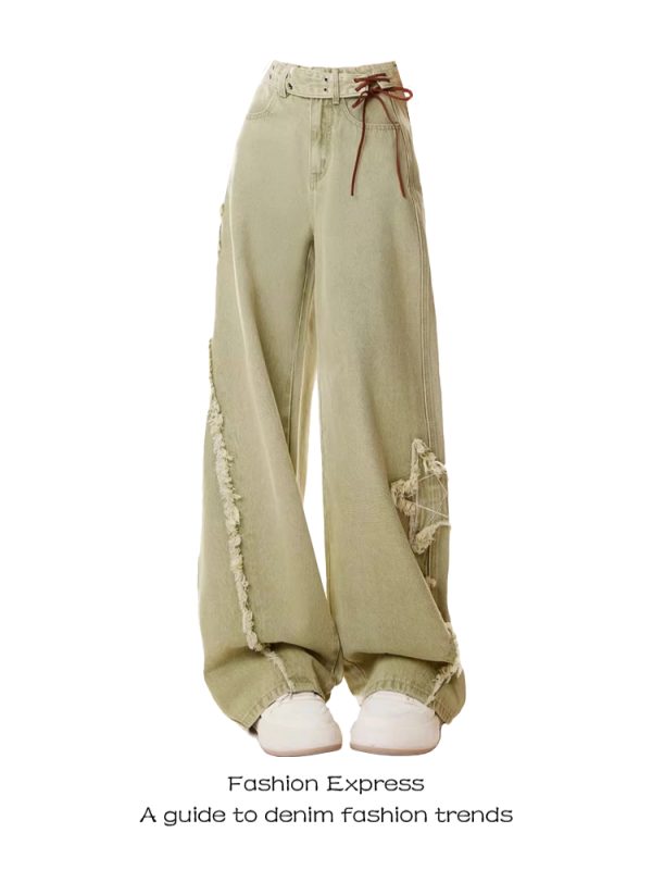 High-Waisted Wide-Leg Green Jeans for Women, American Retro Style, Loose-Fitting, Slimming, Trendy Spring 2025 Design