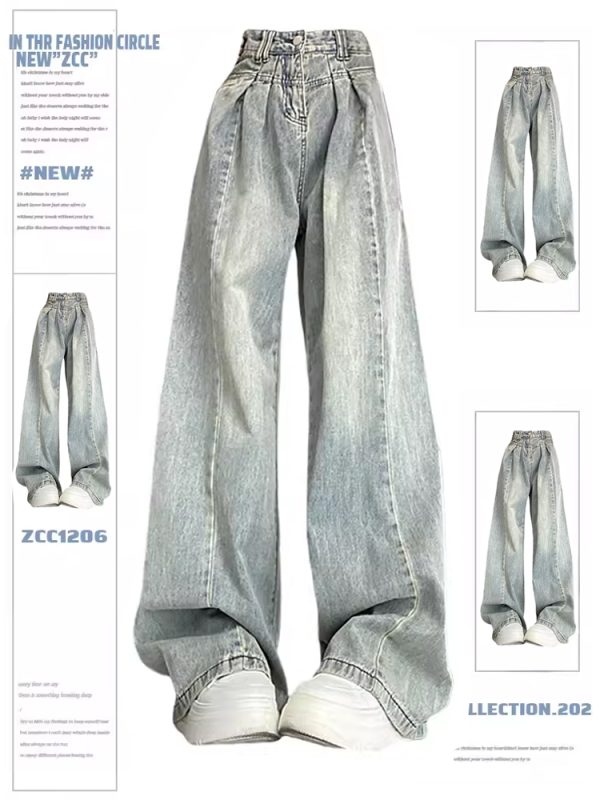 High-Waisted Wide-Leg Jeans - Retro Light Color, Draped Pleated Design, Trendy 2025 Style, Floor-Length Fashion Pants