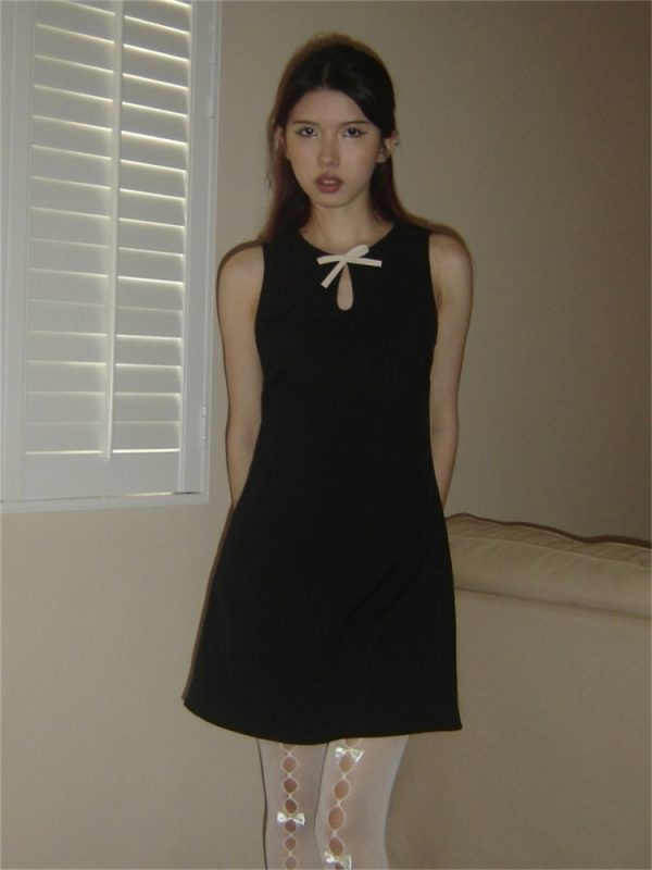 Hollow Bow Slim Fit A-Line Short Dress - Spring/Summer 2025 Thousand Gold Design, Perfect for 90s and Y2K Inspired Fashion