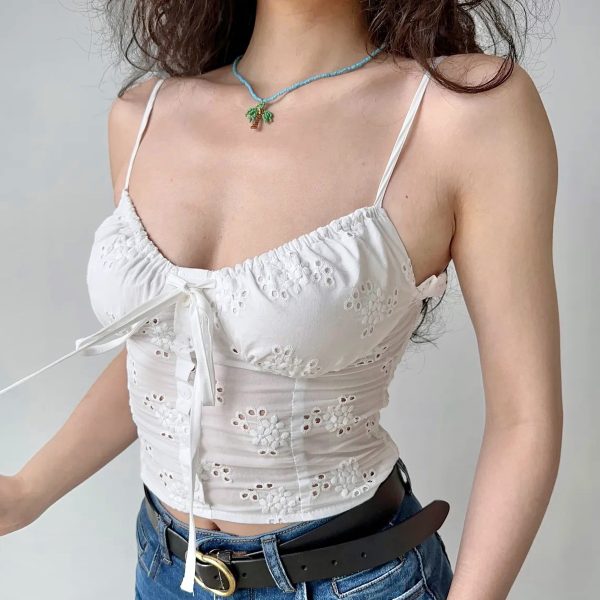 Hollow Flower White Camisole - Women's Summer Slim Fit Sexy Top for European and American Style, Perfect for Y2K and Korean Fashion