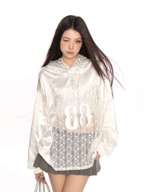 Hollow Lace Baseball Jacket for Women â€“ Spring Loose Raglan Top, Trendy Hot Girl Jersey, Casual Street Style