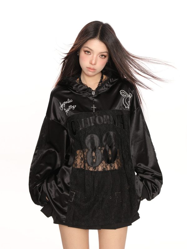 Hollow Lace Baseball Jacket for Women â€“ Spring Loose Raglan Top, Trendy Hot Girl Jersey, Casual Street Style