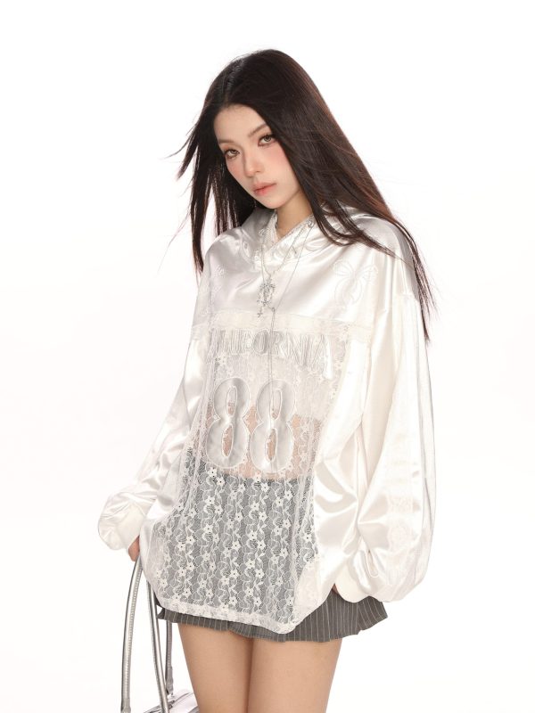 Hollow Lace Baseball Jacket for Women â€“ Spring Loose Raglan Top, Trendy Hot Girl Jersey, Casual Street Style