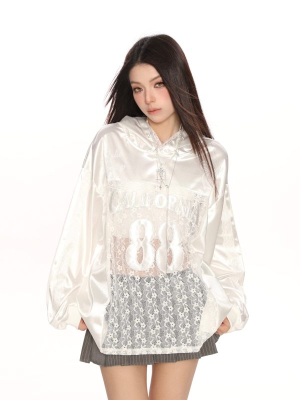 Hollow Lace Baseball Jacket for Women â€“ Spring Loose Raglan Top, Trendy Hot Girl Jersey, Casual Street Style