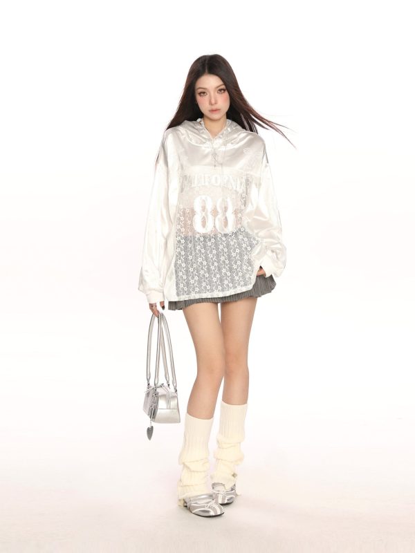 Hollow Lace Baseball Jacket for Women â€“ Spring Loose Raglan Top, Trendy Hot Girl Jersey, Casual Street Style