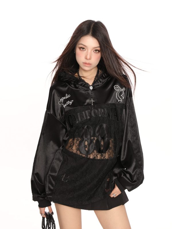 Hollow Lace Baseball Jacket for Women â€“ Spring Loose Raglan Top, Trendy Hot Girl Jersey, Casual Street Style