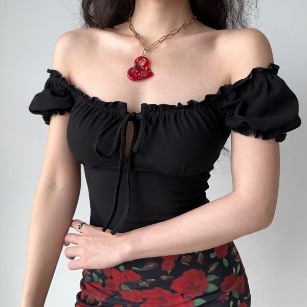 Hollow-Out Lace-Up Square Neck Puff Sleeve Short Sleeve T-Shirt for Women - Slim Fit European American Style Fashion Top