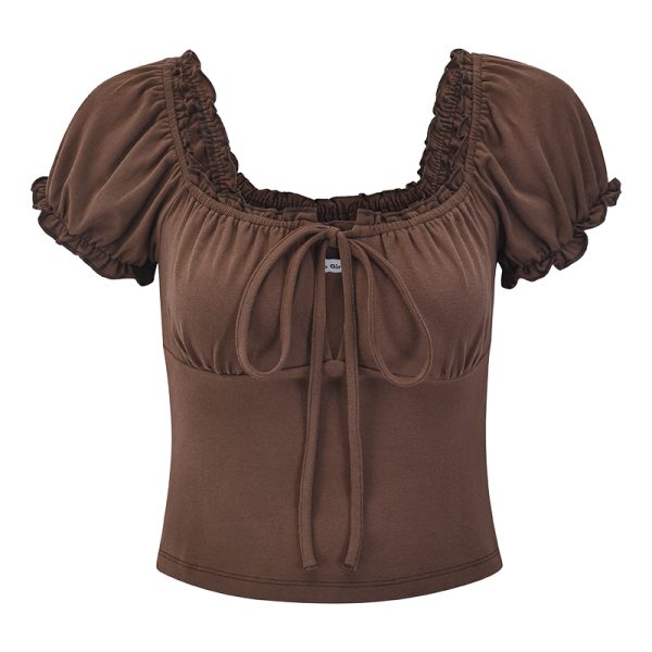Hollow-Out Lace-Up Square Neck Puff Sleeve Short Sleeve T-Shirt for Women - Slim Fit European American Style Fashion Top