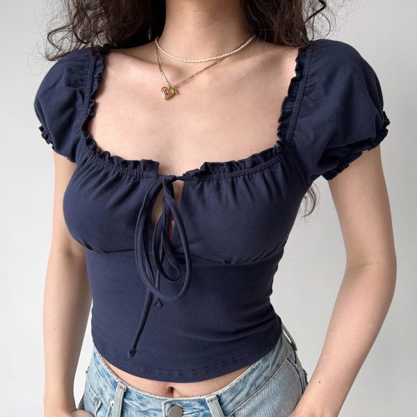 Hollow-Out Lace-Up Square Neck Puff Sleeve Short Sleeve T-Shirt for Women - Slim Fit European American Style Fashion Top