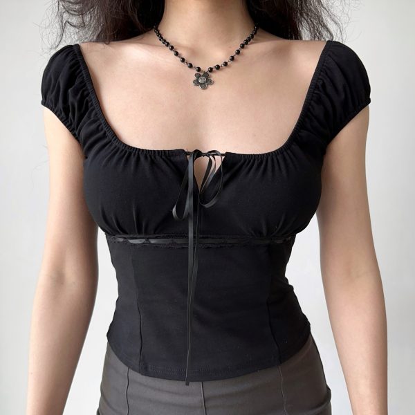 Hollow-Out Lace-Up Square Neck T-Shirt for Women - Slim Fit Sexy Short Sleeve Top in European American Style, Perfect for Summer