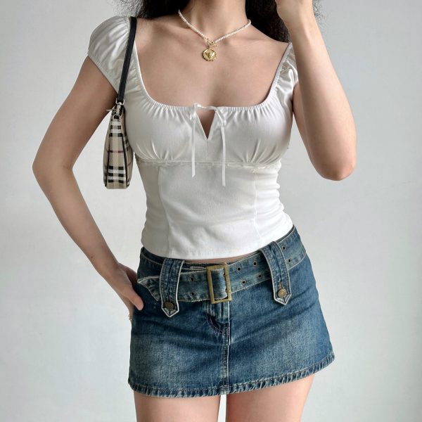 Hollow-Out Lace-Up Square Neck T-Shirt for Women - Slim Fit Sexy Short Sleeve Top in European American Style, Perfect for Summer
