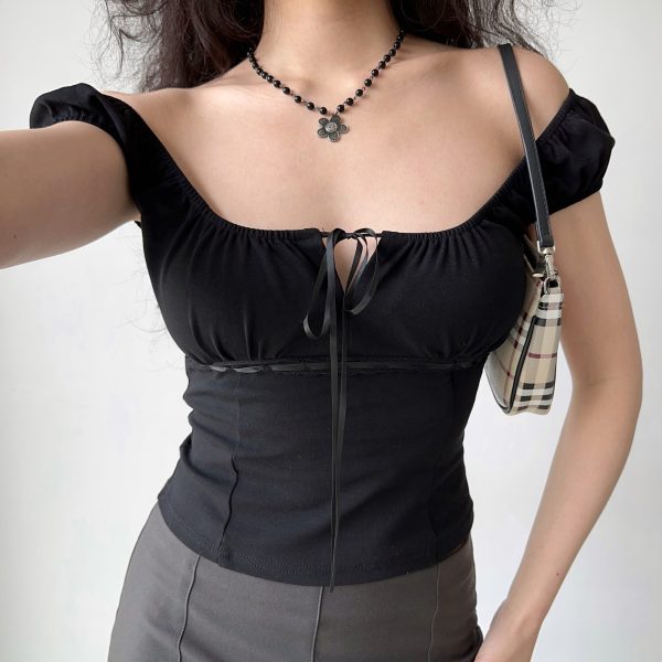 Hollow-Out Lace-Up Square Neck T-Shirt for Women - Slim Fit Sexy Short Sleeve Top in European American Style, Perfect for Summer