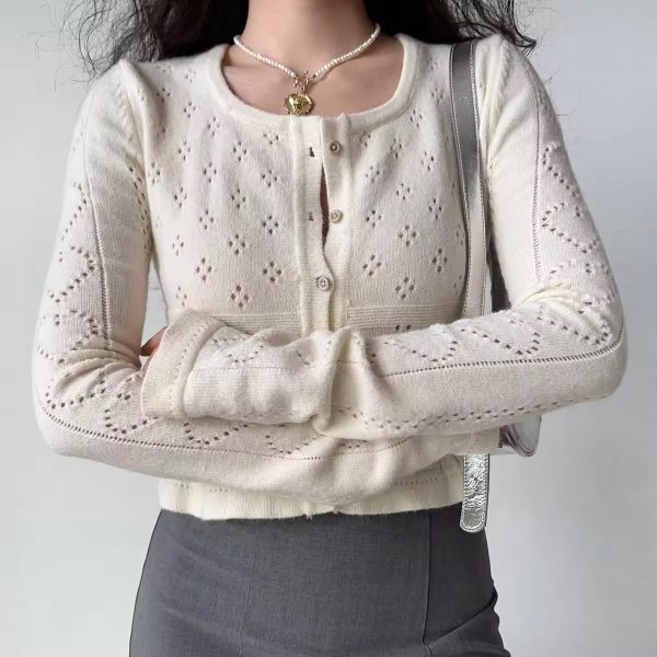 Hollow Square Neck Knitted Cardigan - Women's Slim Fit Short Long Sleeve Top in European American Style, Trendy Y2K Fashion