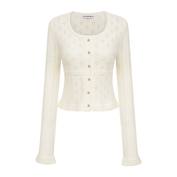 Hollow Square Neck Knitted Cardigan - Women's Slim Fit Short Long Sleeve Top in European American Style, Trendy Y2K Fashion