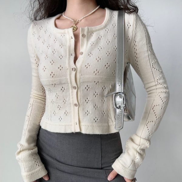 Hollow Square Neck Knitted Cardigan - Women's Slim Fit Short Long Sleeve Top in European American Style, Trendy Y2K Fashion
