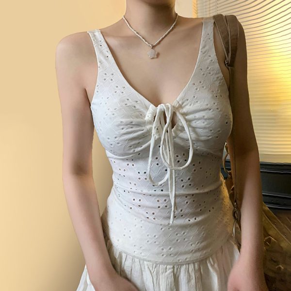Hot Girl Solid Color Strap Hollow Textured Camisole - Versatile Slim Fit Waist-Defining Top for Y2K and Korean Style Fashion