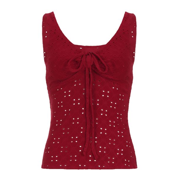 Hot Girl Solid Color Strap Hollow Textured Camisole - Versatile Slim Fit Waist-Defining Top for Y2K and Korean Style Fashion
