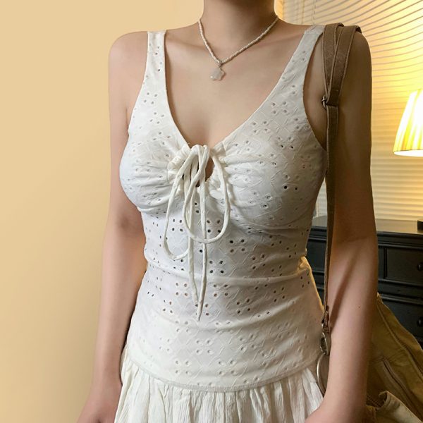 Hot Girl Solid Color Strap Hollow Textured Camisole - Versatile Slim Fit Waist-Defining Top for Y2K and Korean Style Fashion