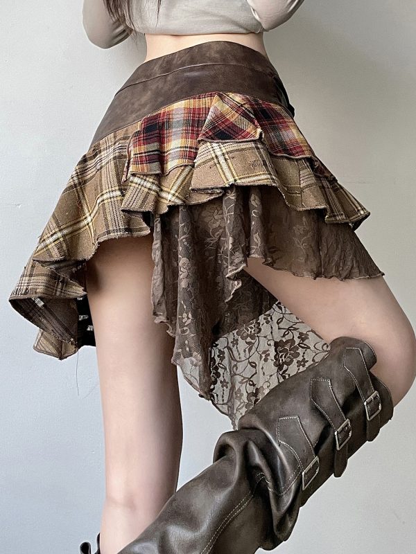 Intricate Spliced Design Half Skirt for Women - Irregular Checkered Pleated Skirt, Chic Wasteland Style