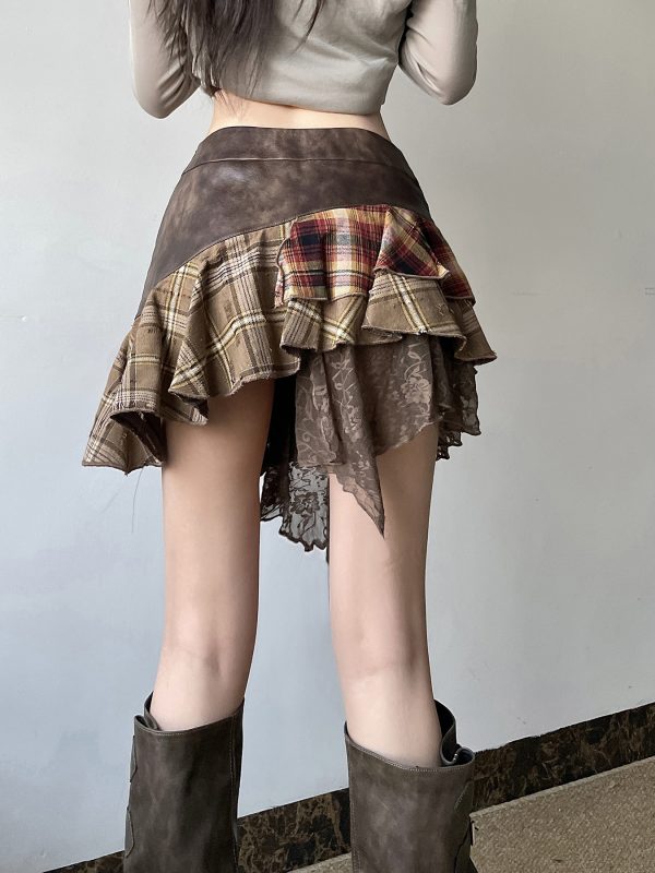 Intricate Spliced Design Half Skirt for Women - Irregular Checkered Pleated Skirt, Chic Wasteland Style