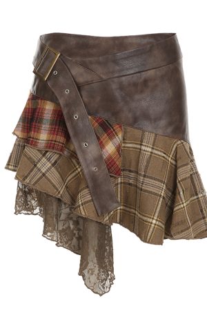 Intricate Spliced Design Half Skirt for Women - Irregular Checkered Pleated Skirt, Chic Wasteland Style
