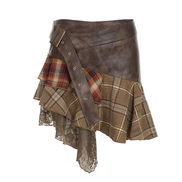 Intricate Spliced Design Half Skirt for Women - Irregular Checkered Pleated Skirt, Chic Wasteland Style