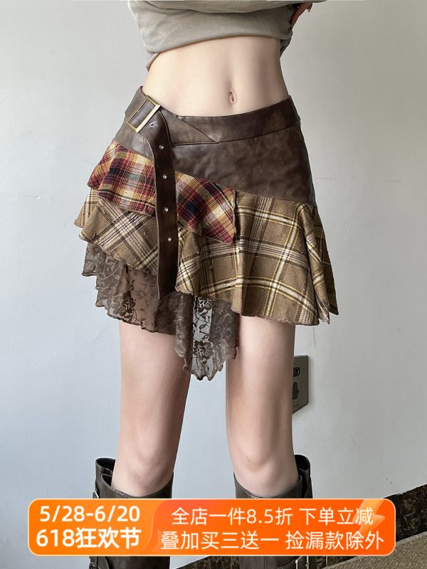Intricate Spliced Design Half Skirt for Women - Irregular Checkered Pleated Skirt, Chic Wasteland Style