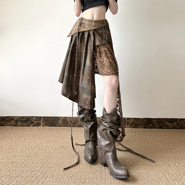 Intricate Spliced Design Half Skirt for Women - Irregular Checkered Pleated Skirt, Chic Wasteland Style
