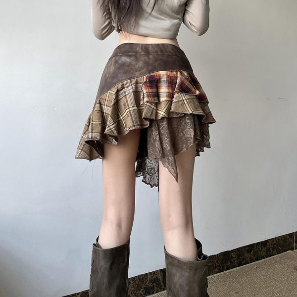 Irregular Plaid Lace Spliced Leather Short Skirt - Vintage Versatile Slim-Fit Midi Skirt for Y2K and Wasteland Academy Style