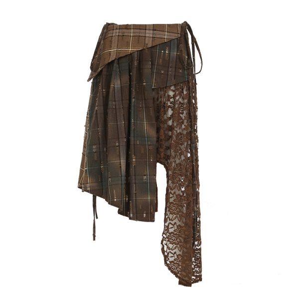 Irregular Plaid Lace Spliced Leather Short Skirt - Vintage Versatile Slim-Fit Midi Skirt for Y2K and Wasteland Academy Style