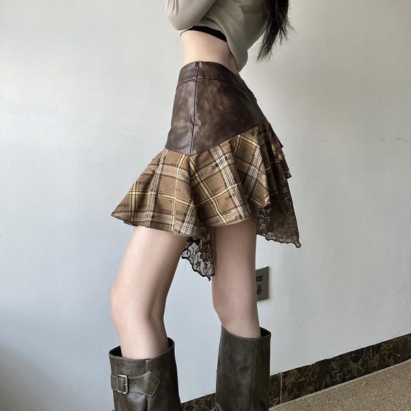 Irregular Plaid Lace Spliced Leather Short Skirt - Vintage Versatile Slim-Fit Midi Skirt for Y2K and Wasteland Academy Style
