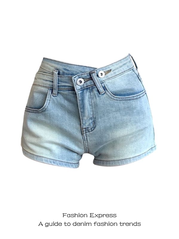Irregular Washed Denim Shorts with Double Buckle for Women â€“ Sexy Slim Fit Buttock-Hugging Hot Pants for Autumn & Winter Style