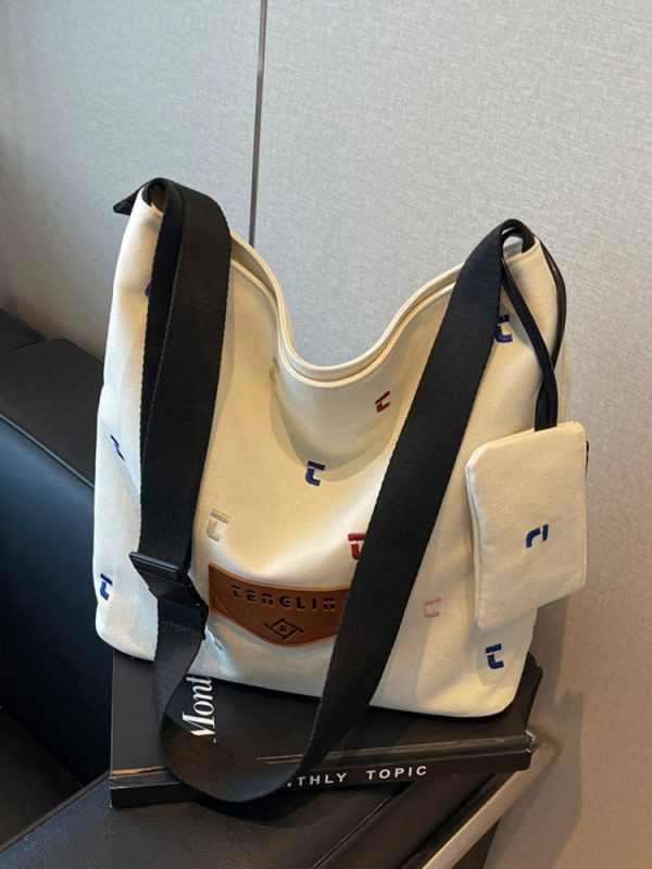 Japanese Harajuku Canvas Bag for Women - 2025 Letter Embroidery, Single Shoulder Crossbody, Lazy Style Commuting Tote