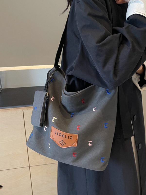 Japanese Harajuku Canvas Bag for Women - 2025 Letter Embroidery, Single Shoulder Crossbody, Lazy Style Commuting Tote