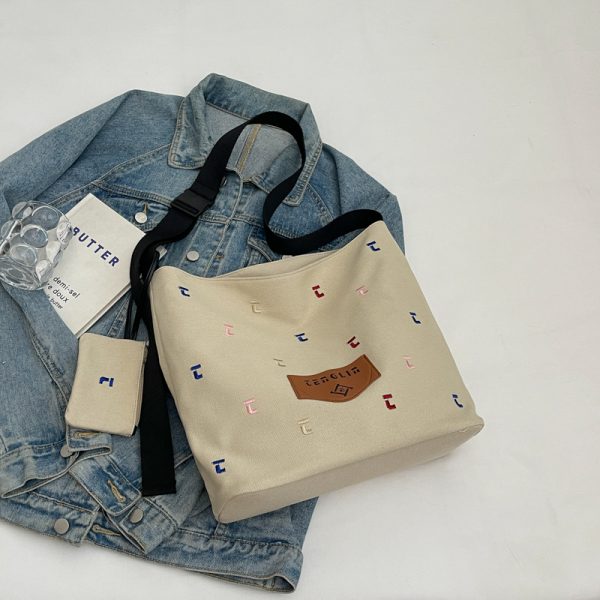 Japanese Harajuku Canvas Bag for Women - 2025 Letter Embroidery, Single Shoulder Crossbody, Lazy Style Commuting Tote