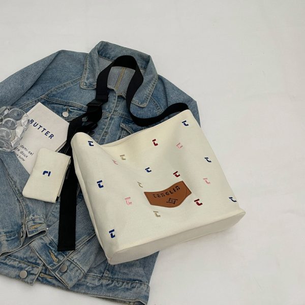Japanese Harajuku Canvas Bag for Women - 2025 Letter Embroidery, Single Shoulder Crossbody, Lazy Style Commuting Tote