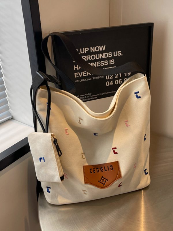Japanese Harajuku Canvas Bag for Women - 2025 Letter Embroidery, Single Shoulder Crossbody, Lazy Style Commuting Tote