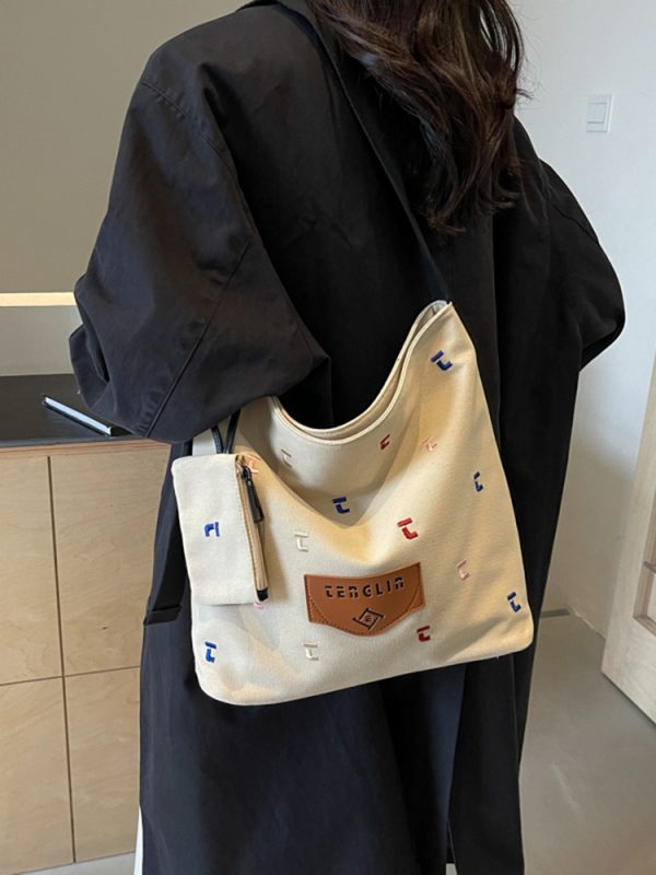 Japanese Harajuku Canvas Bag for Women - 2025 Letter Embroidery, Single Shoulder Crossbody, Lazy Style Commuting Tote