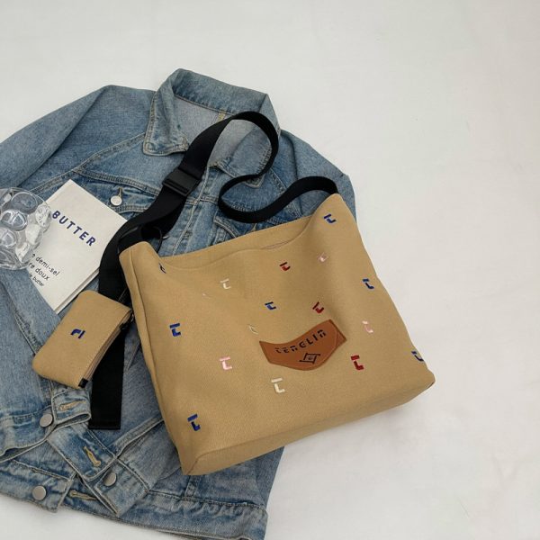 Japanese Harajuku Canvas Bag for Women - 2025 Letter Embroidery, Single Shoulder Crossbody, Lazy Style Commuting Tote