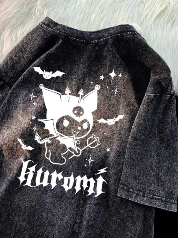 Japanese Kuromi Print Vintage Black Cotton Short Sleeve T-Shirt for Men, Loose Fit High Street Trendy Wear