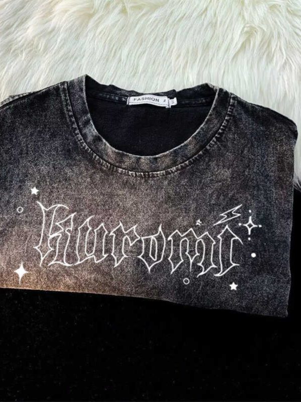 Japanese Kuromi Print Vintage Black Cotton Short Sleeve T-Shirt for Men, Loose Fit High Street Trendy Wear