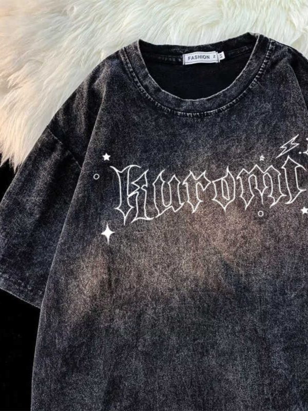 Japanese Kuromi Print Vintage Black Cotton Short Sleeve T-Shirt for Men, Loose Fit High Street Trendy Wear