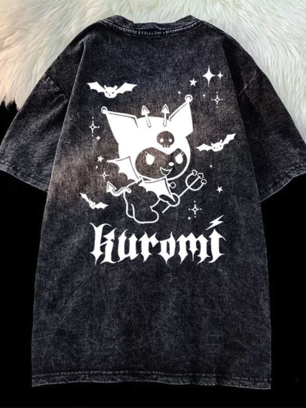 Japanese Kuromi Print Vintage Black Cotton Short Sleeve T-Shirt for Men, Loose Fit High Street Trendy Wear