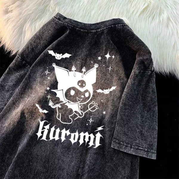 Japanese Kuromi Print Vintage Black Cotton Short Sleeve T-Shirt for Men, Loose Fit High Street Trendy Wear