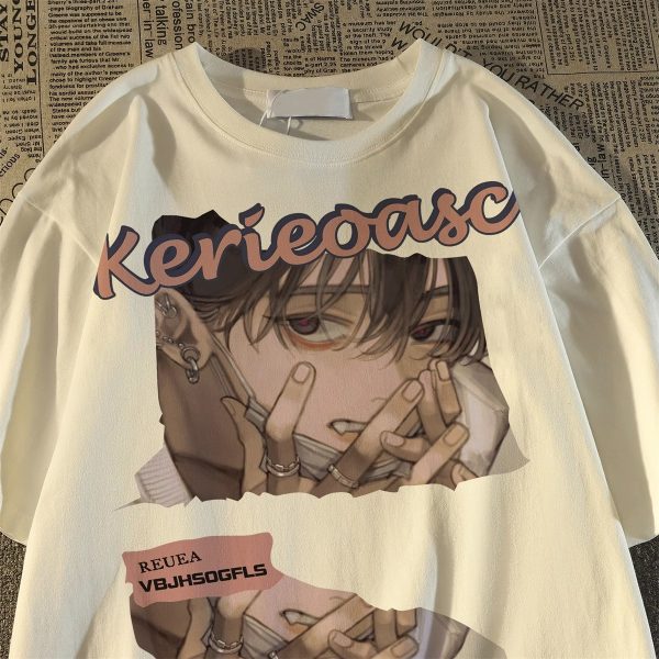 Japanese Retro Cartoon Anime Short Sleeve T-Shirt for Men and Women, Plus Size, Loose Fit, Pure Cotton, Y2K Couple Style
